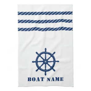Nautical Ship Wheel Helm Rope Your Boat Name White Kitchen Towel