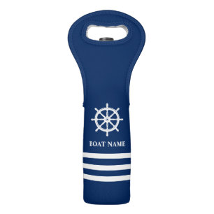 Nautical Ship Wheel Helm Your Boat Name Navy Blue Wine Bag