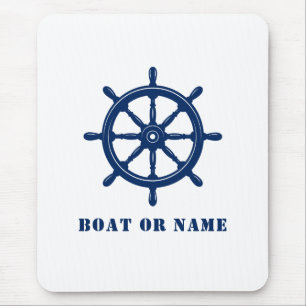 Nautical Ship Wheel Helm & Your Boat or Name Blue Mouse Pad