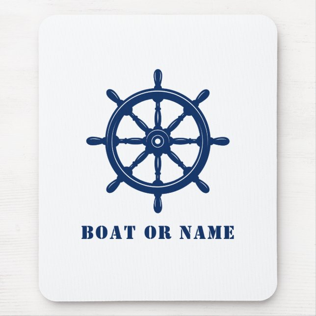 Nautical Ship Wheel Helm & Your Boat or Name Blue Mouse Pad (Front)