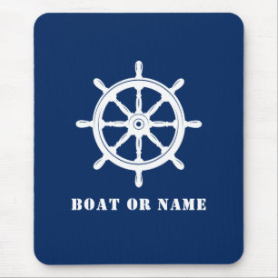 Nautical Ship Wheel Helm & Your Boat or Name Navy Mouse Pad
