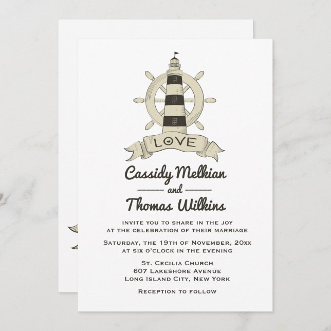 Nautical Ship Wheel Lighthouse Tan Wedding Invitation (Front/Back)