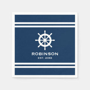 Nautical ship wheel navy blue and white wedding napkins