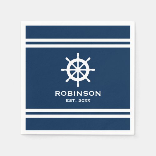 Nautical ship wheel navy blue and white wedding napkins