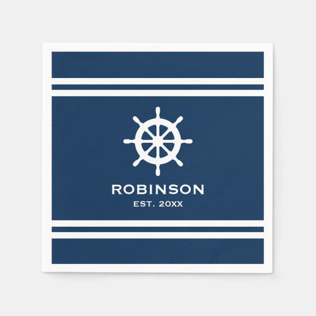 Nautical ship wheel navy blue and white wedding napkins (Front)