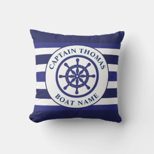 Nautical Ship Wheel Navy Blue Captain Boat Name Throw Pillow