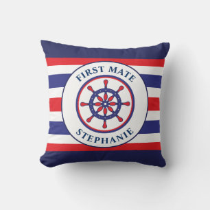 Nautical Ship Wheel Navy Blue Red First Mate Name Throw Pillow