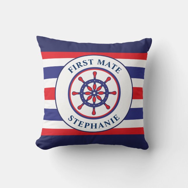 Nautical Ship Wheel Navy Blue Red First Mate Name  Throw Pillow (Front)
