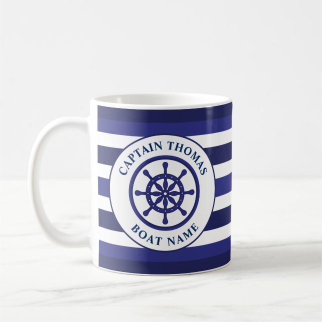 Nautical Ship Wheel Navy Blue Sailing Captain Coffee Mug (Left)