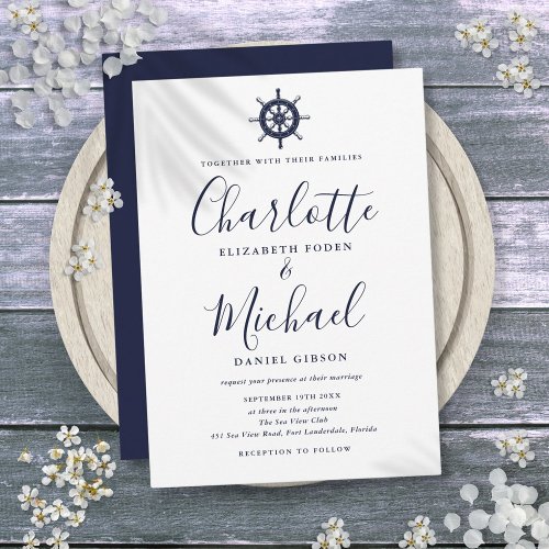 Nautical Ship Wheel Navy Blue Script Wedding Invitation
