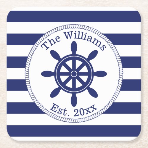 Nautical Ship Wheel Navy Blue Stripes Family Name Square Paper Coaster