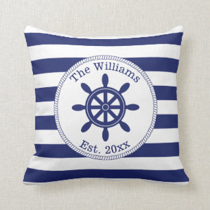 Nautical Ship Wheel Navy Blue Stripes Family Name Throw Pillow