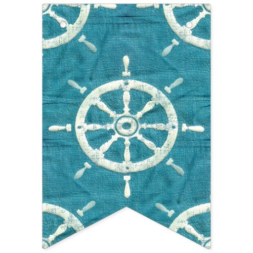 Nautical Ship Wheel on Faux Wrinkled Denim Jeans Bunting Flags
