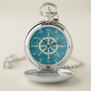 Nautical Ship Wheel on Faux Wrinkled Denim Jeans Pocket Watch
