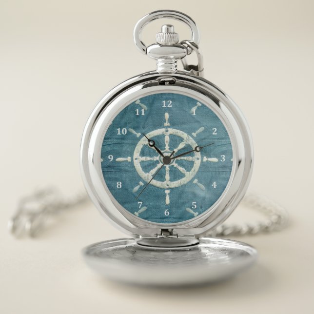 Nautical Ship Wheel on Faux Wrinkled Denim Jeans Pocket Watch (Inside)