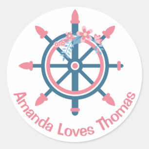 Nautical Ship Wheel Pink Blue Personalized Wedding Classic Round Sticker