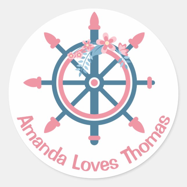 Nautical Ship Wheel Pink Blue Personalized Wedding Classic Round Sticker (Front)