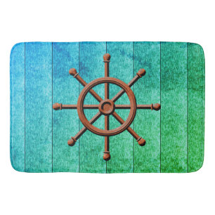 Nautical Ship Wheel Weathered Wood Bath Mat