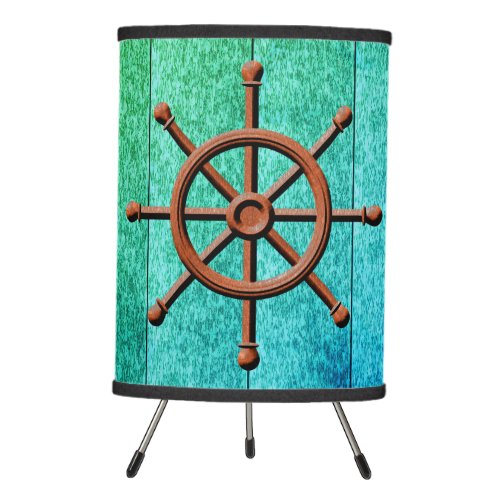 Nautical Ship Wheel Weathered Wood Tripod Lamp