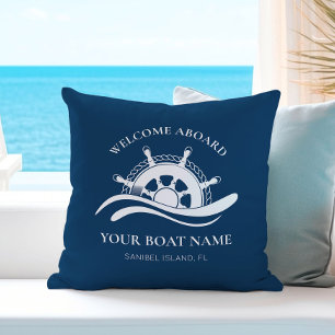 Nautical Ship Wheel Welcome Aboard Boat Name Navy Throw Pillow