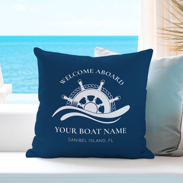 Nautical Ship Wheel Welcome Aboard Boat Name Navy Throw Pillow (Creator Uploaded)