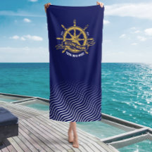 Nautical Ship Wheel Welcome Aboard Navy Blue Gold