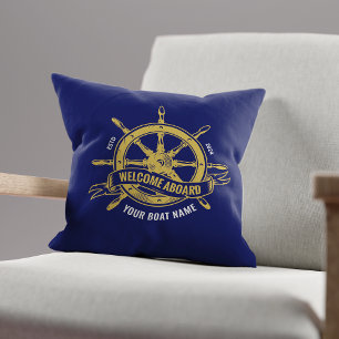 Nautical Ship Wheel Welcome Aboard Navy Blue Gold Throw Pillow