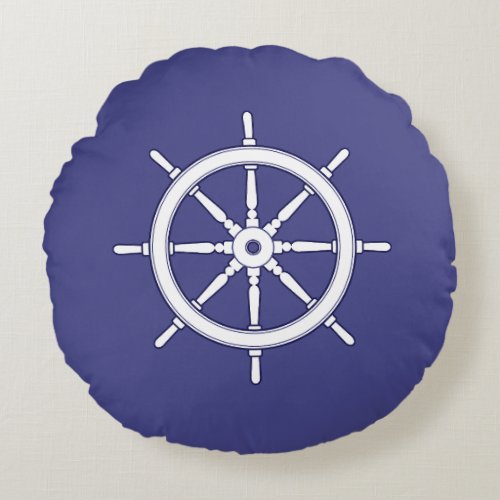 Nautical Ship Wheel white and Blue Round Pillow