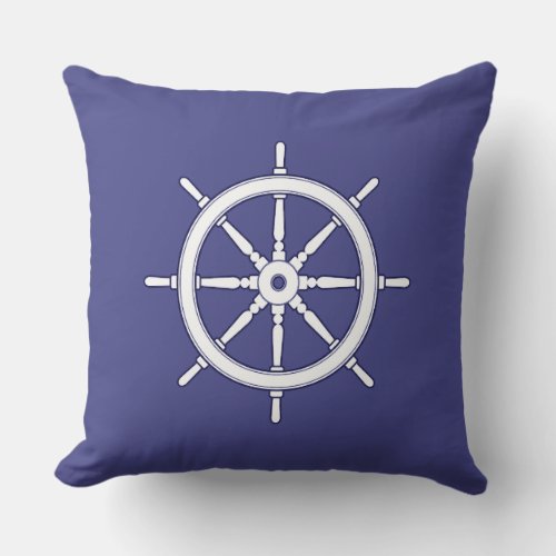 Nautical Ship Wheel white and Blue Throw Pillow