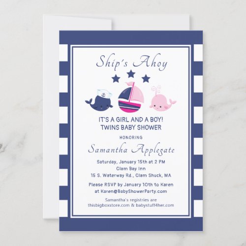 Nautical Ships Ahoy Boy Girl Twins Baby Shower Invitation