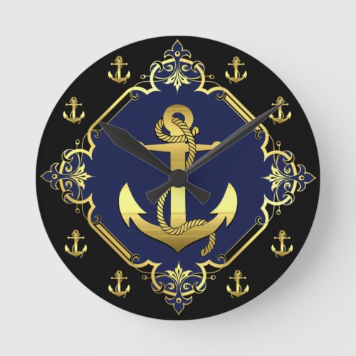 Nautical ships anchor goldblack silhouettenavy round clock