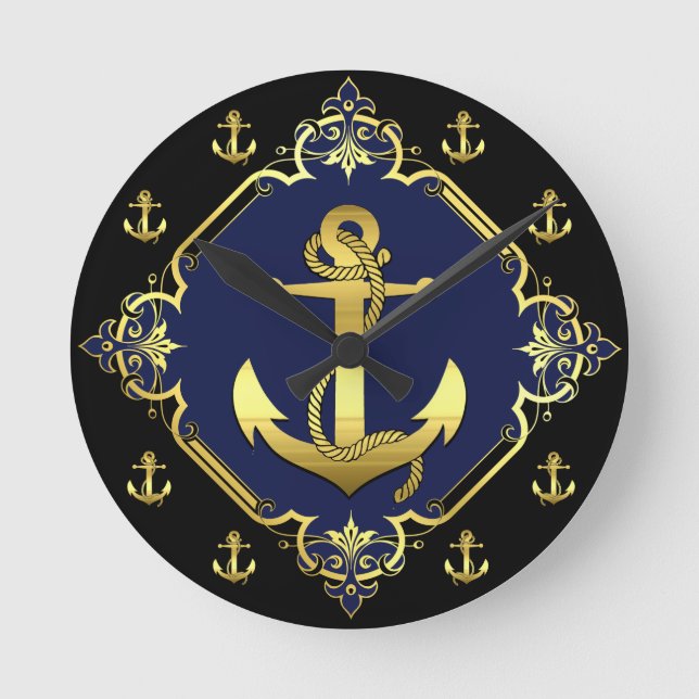 Nautical ship's anchor gold/black silhouette/navy round clock (Front)