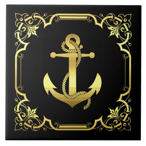Nautical ships anchor silhouettegoldblack ceramic tile