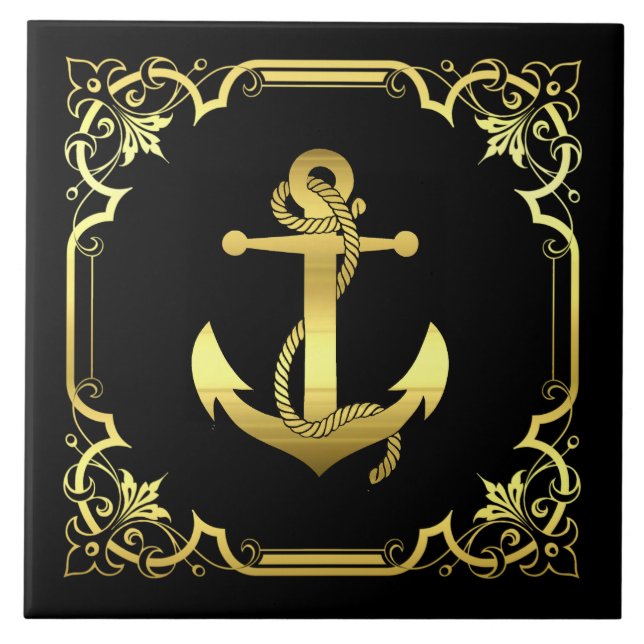 Nautical ship's anchor silhouette/gold/black ceramic tile (Front)