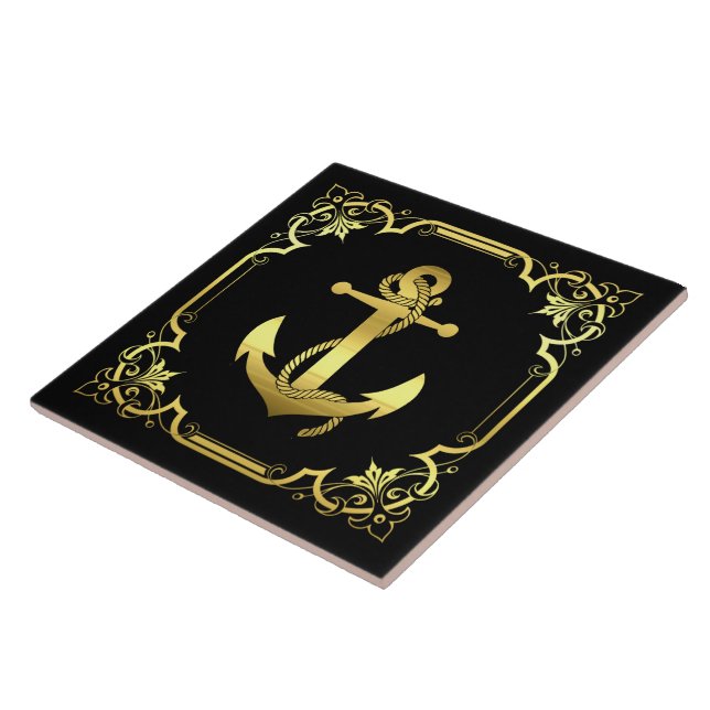 Nautical ship's anchor silhouette/gold/black ceramic tile (Side)