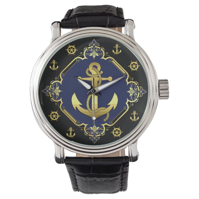Nautical ship's anchor/wheel /gold/black/navy watch (Front)