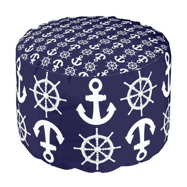 Nautical Ship's Anchors and Wheels Pattern Pouf (Angled Front)