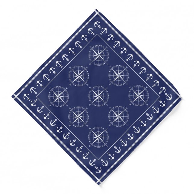 Nautical Ships Compass Anchors and Rope Blue White Bandana (Front)