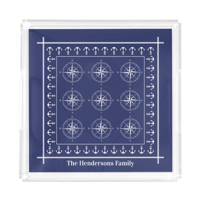 Nautical Ships Compass and Anchors Navy Blue Acrylic Tray (Front)