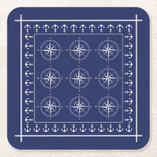 Nautical Ships Compass and Anchors Navy Blue Square Paper Coaster