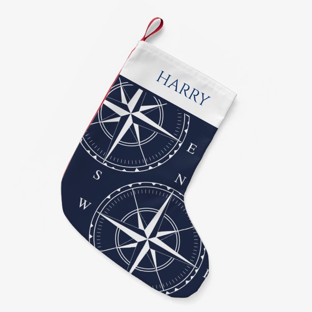 Nautical Ships Compass Navy Blue Coastal Small Christmas Stocking (Front (Hanging))