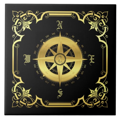 Nautical ships compass silhouettegoldblack ceramic tile