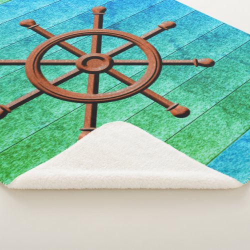 Nautical Ships Helm Blue Green Sherpa Blanket