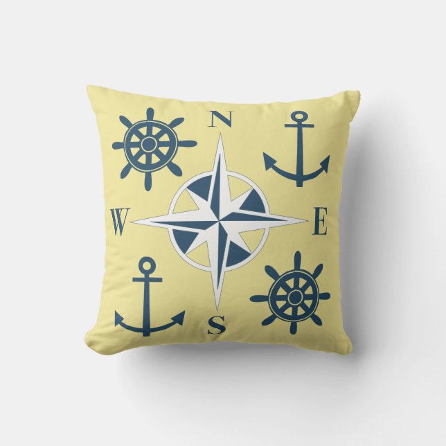 Nautical Ships Helm Compass Anchors Butter Yellow Outdoor Pillow (Front)