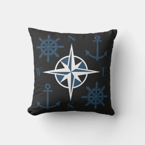 Nautical Ships Helm Compass Anchors Navy Black Outdoor Pillow