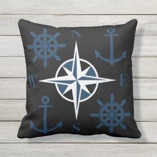 Nautical Ships Helm Compass Anchors Navy Black Outdoor Pillow