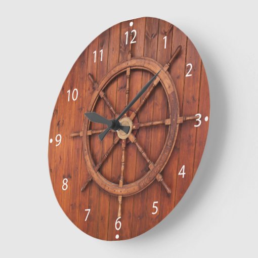 Nautical Ships Helm Wheel on Wooden Wall Large Clock Zazzle