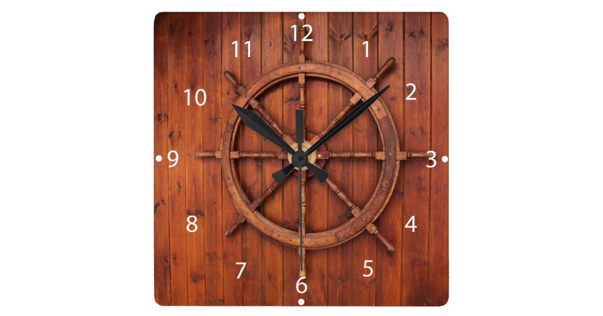 Nautical Ships Helm Wheel On Wooden Wall Square Wall Clock Zazzle Com