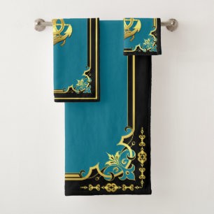 Nautical ship's wheel/anchor aqua-blue/gold bath towel set