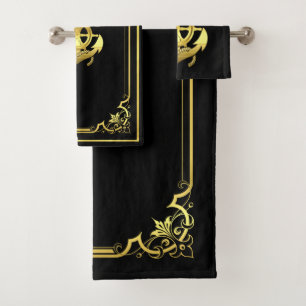 Nautical ship's wheel/anchor black/gold bath towel set